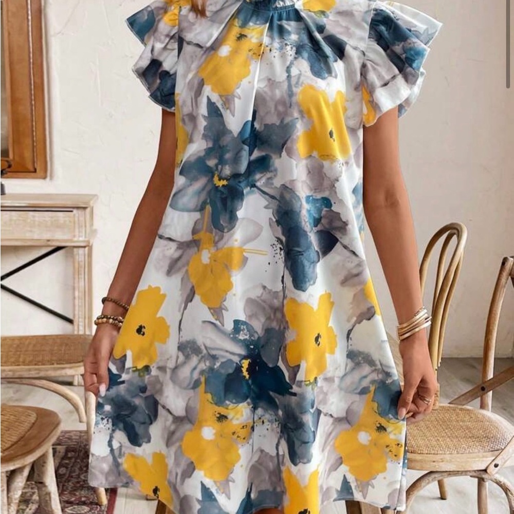 SHEIN Yellow and Blue Floral Mini Dress